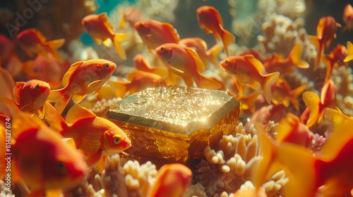 Sunlit treasure amongst colorful fish on the ocean floor  underwater marine life photography