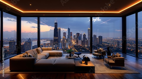 Illustrate a contemporary apartment featuring panoramic views of Chicagos stunning skyline, including the iconic Willis Tower and Lake Michigan stretching