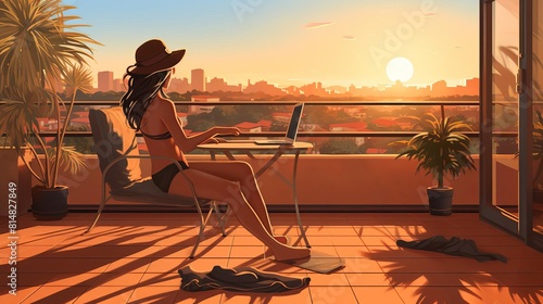 A young woman in a bikini and hat is sitting on a balcony overlooking the city. She is working on her laptop. The sun is setting in the background. photo