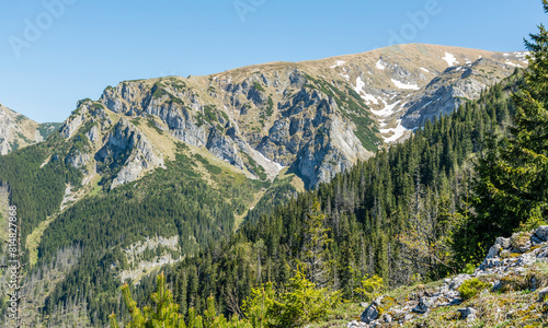 Spring view of rocky grassy slopes in the mountains above the upper forest line.
