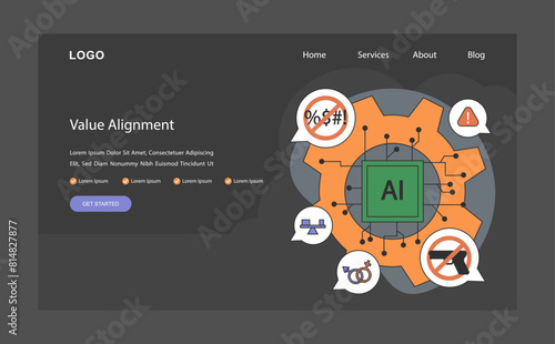 AI ethics dark or night mode web, landing. Artificial intelligence chip