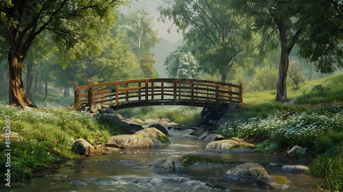 A serene countryside scene with a quaint wooden bridge crossing a babbling brook