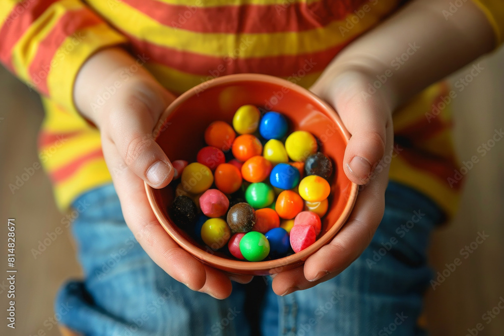 Close-up bowl with a colorful candy in kid's hands. AI generative Close-up bowl with a colorful candy in kid's hands. AI generative