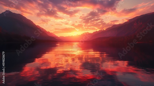 A tranquil lake reflecting the fiery hues of sunset, with silhouetted mountains in the distance