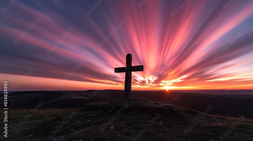 A Christian cross on a distant hilltop, backlit by a vivid sunset, with streaks of orange and pink light radiating across the sky, highlighting the cross's silhouette. A Christian cross on a distant hilltop, backlit by a vivid sunset, with streaks of orange and pink light radiating across the sky, highlighting the cross's silhouette.