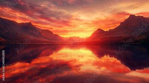 A tranquil lake reflecting the fiery hues of sunset, with silhouetted mountains in the distance © SyedAbdulRauf