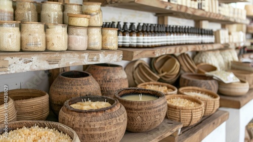 an eco-friendly store bathed in natural light, adorned with shelves brimming with organic and natural products, wooden boxes on the wall, and handmade goods displayed in jars.