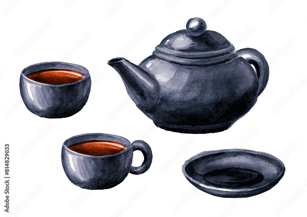 Ceramic clay tea set with teapot, mug, cup and saucer. Hand drawn watercolor illustration isolated on white background