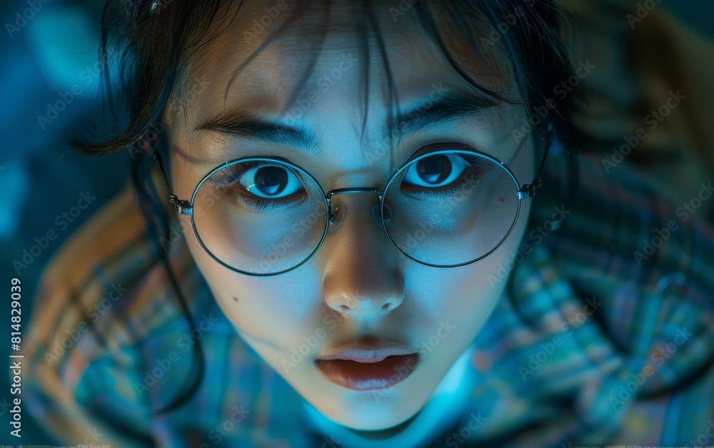 A woman with glasses is staring at the camera. The image has a moody and mysterious feel to it A woman with glasses is staring at the camera. The image has a moody and mysterious feel to it