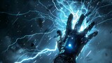 A hand holds a lightning bolt in the darkness