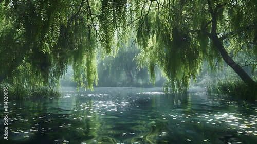 A tranquil pond surrounded by weeping willows, their branches trailing in the water