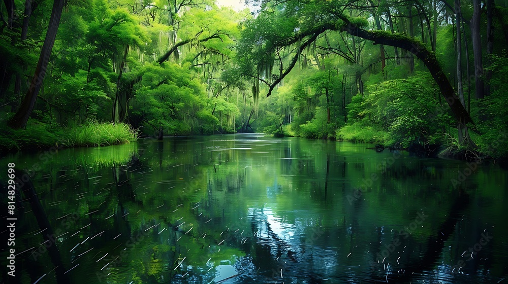 A tranquil river winding its way through a dense forest, its surface reflecting the canopy above