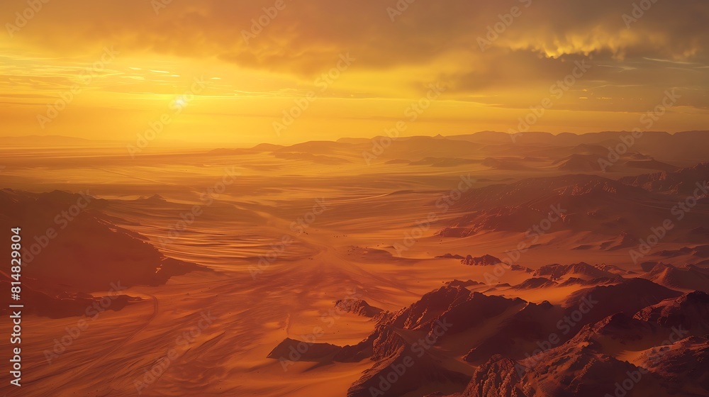 A vast desert landscape stretching to the horizon, illuminated by the warm hues of sunset