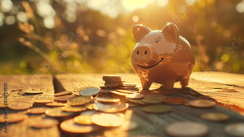 Piggy bank with coins and bills on a wooden table, a smiling pig beside it, a blurred background of nature in sunlight. photo