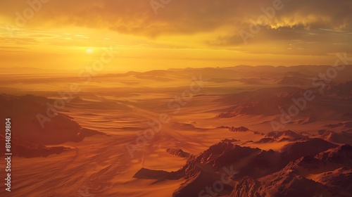 A vast desert landscape stretching to the horizon  illuminated by the warm hues of sunset