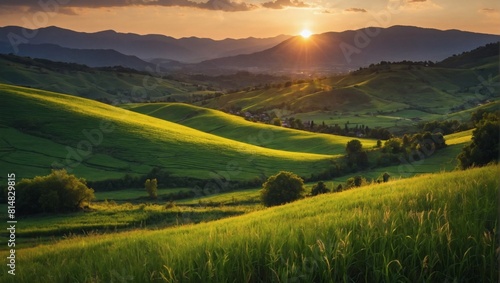 A Tapestry of Nature  Sunset Illuminating Rural Mountain Landscape with Green Fields