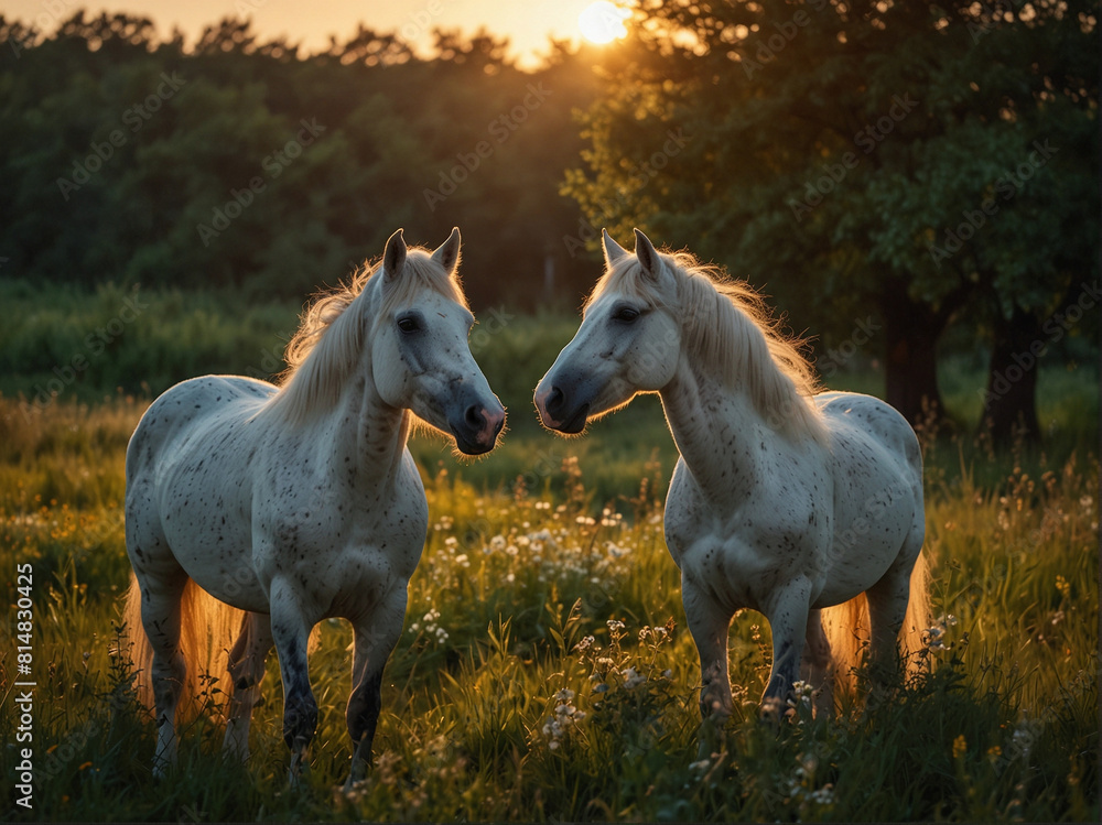 Obraz premium Majestic White Horse in Sunlit Pasture at Sunset