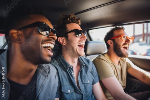 Photograph of group of friends laughing and chatting in a taxi, capturing the essence of camaraderie and shared experiences on their trip wide angle lens bright lighting white