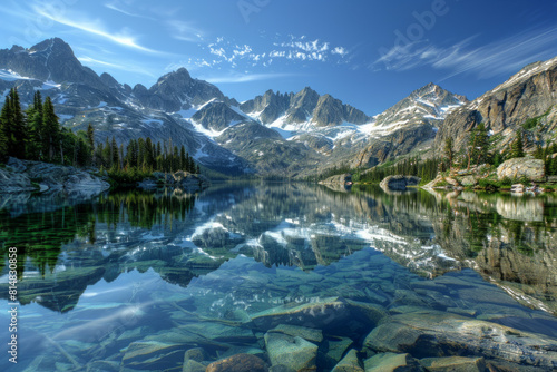 A majestic vista of snow-capped mountains mirrored in the crystal-clear waters of a serene alpine lake  surrounded by towering pine trees and rugged wilderness.