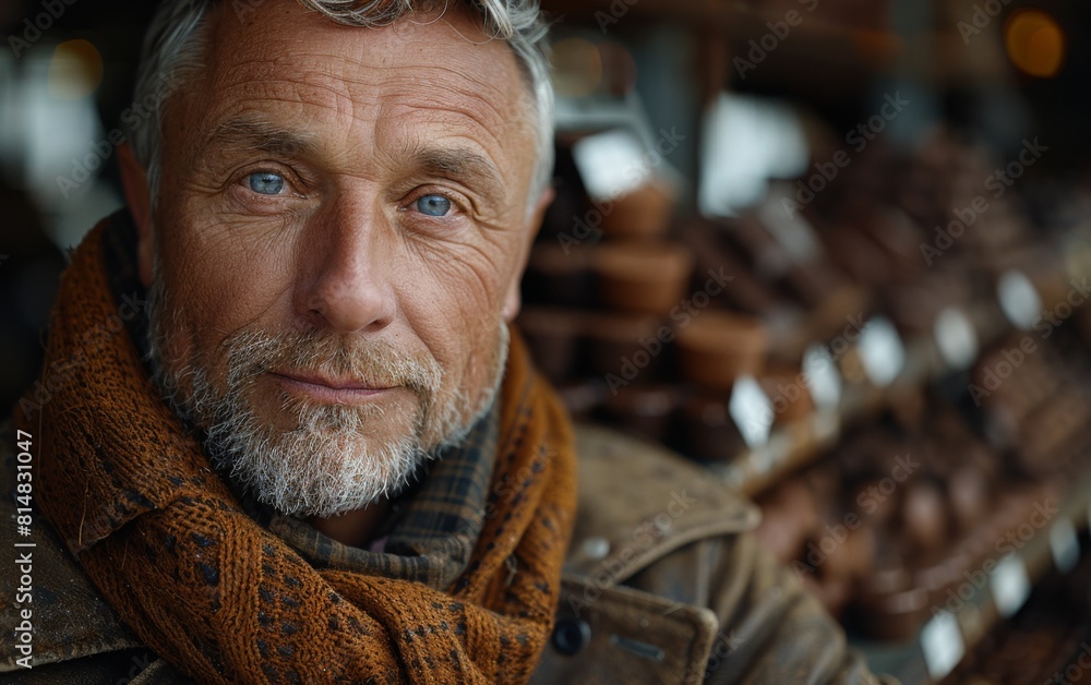 A man with a beard and gray hair is wearing a brown scarf and a brown jacket. He is smiling and looking at the camera A man with a beard and gray hair is wearing a brown scarf and a brown jacket. He is smiling and looking at the camera