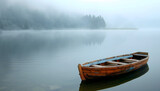 A small wooden boat close to shore on a foggy lake 