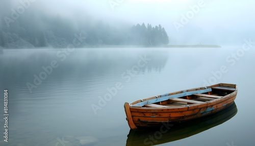A small wooden boat close to shore on a foggy lake 
