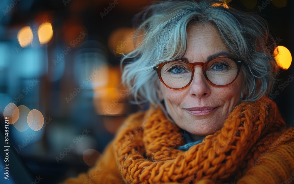 A woman with glasses and a scarf is smiling. She looks happy and content A woman with glasses and a scarf is smiling. She looks happy and content