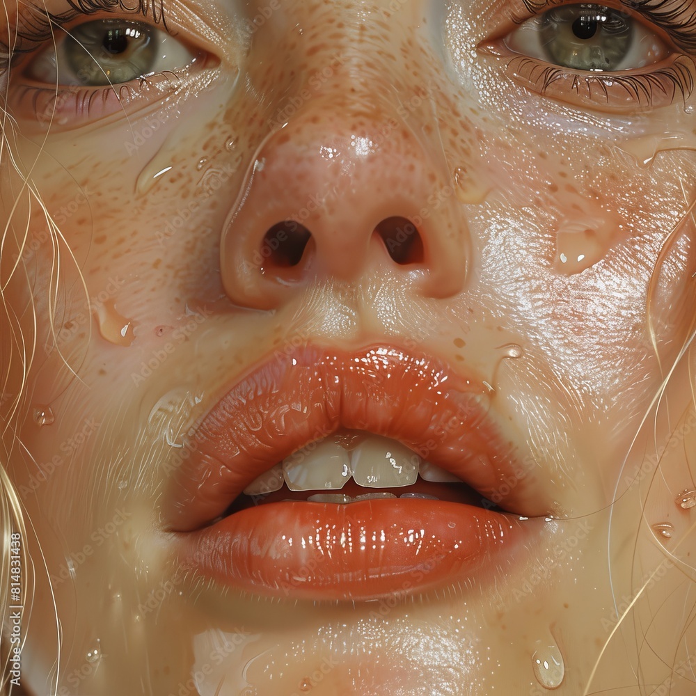 Close-up view of a woman's face with dewy skin, detailed lips, and intense eyes Close-up view of a woman's face with dewy skin, detailed lips, and intense eyes