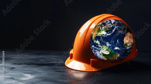 Symbol of safety and health at work: the planet Earth and the helmet concept background