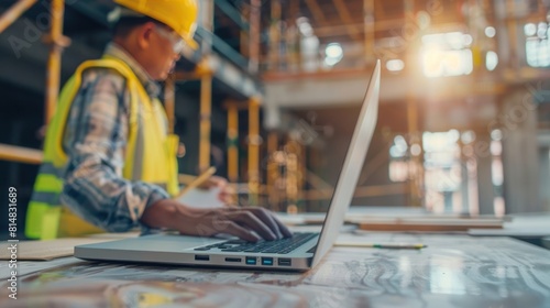 Smart teem of engineers working on a laptop in a construction site  free space on the left for text