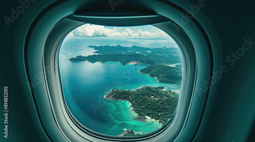 Islands in from an airplane window. The islands are covered in lush green vegetation and surrounded by crystal-clear blue water.