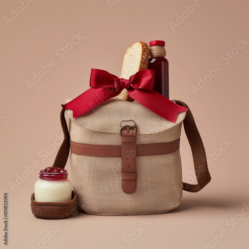 This picture features a classy gift basket filled with milk jam and bread all nestled in a natural jute fabric packaging with a red ribbon  Generated by AI