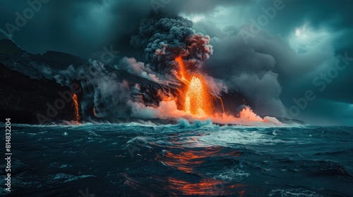 Volcano eruption on an island in the ocean 