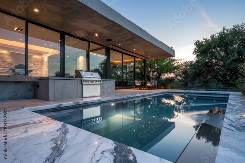 Tranquil twilight suburban dwelling with concrete and glass exterior, marble pool, stainless steel barbecue, full view. photo