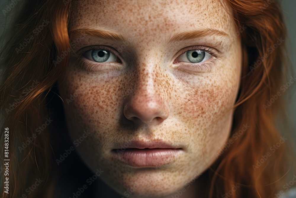 Close-up portrait of a woman with striking green eyes and freckled skin Close-up portrait of a woman with striking green eyes and freckled skin