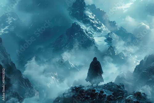 Atmospheric illustration of a lone climber  misty mountains  moody  immersive setting