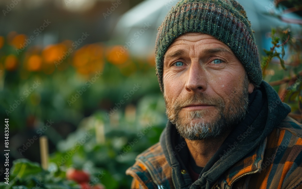 A man wearing a green hat and a plaid jacket is standing in a field of vegetables. He has a beard and a beard comb A man wearing a green hat and a plaid jacket is standing in a field of vegetables. He has a beard and a beard comb