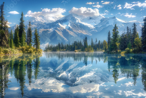 A majestic vista of snow-capped mountains mirrored in the crystal-clear waters of a serene alpine lake  surrounded by towering pine trees and rugged wilderness.