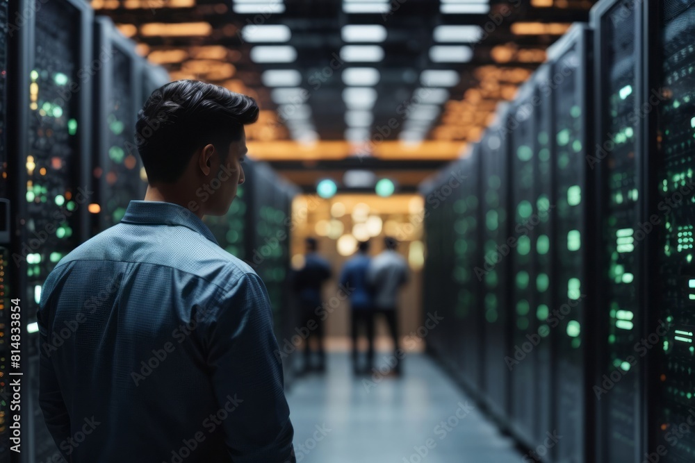 back view of young man checking data storage server room back view of young man checking data storage server room