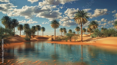 Surreal desert oasis: shimmering pools lush palm trees endless horizon photo