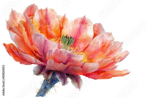 A Blooming Cactus Flower: A vibrant cactus flower in full bloom, aptured in a realistic watercolor style on a white photo