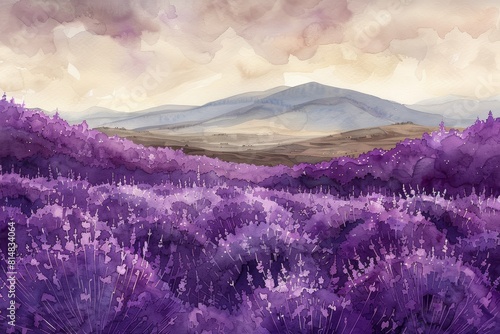 A Field of Lavender  A vast field of lavender stretching towards the horizon  watercolors  
