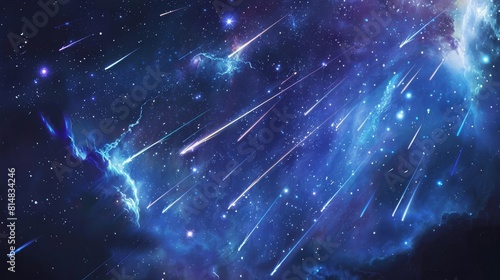 Shooting stars and comet tails streak across night sky depict celestial voyage through cosmos © javier
