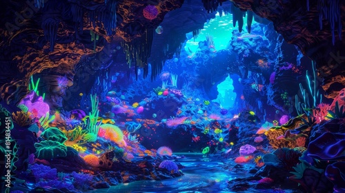 Bioluminescent creatures and vibrant coral illuminate a surreal cavern
