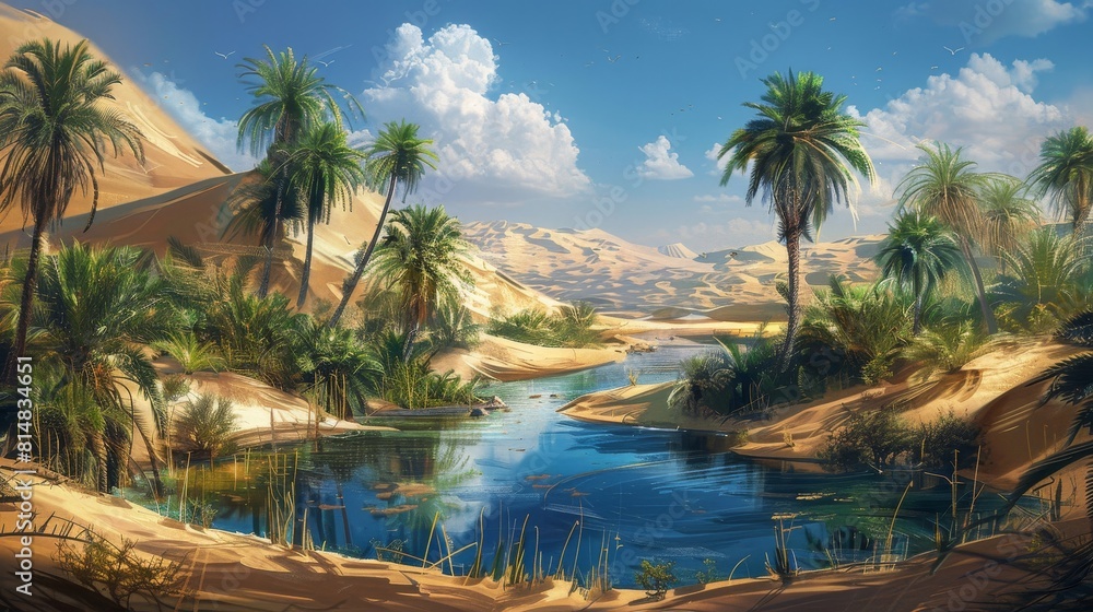 Obraz premium Surreal desert oasis with shimmering pools and towering palm trees