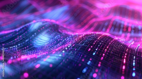 Neon grids and pulsating data streams represent digital interconnectedness