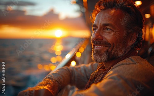 A man with a beard and a smile is looking out at the ocean. The sun is setting in the background, casting a warm glow over the scene. The man is enjoying the view and the peacefulness of the moment