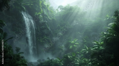 Misty tropical jungle with thick foliage  winding vines  and a waterfall in the background