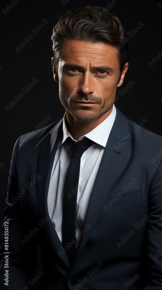 A businessman in sadness, looking over the shoulder, plain slate gray background A businessman in sadness, looking over the shoulder, plain slate gray background