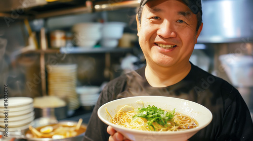 Chinese man smiling as he holds a bowl of comforting egg drop soup  the delicate strands of egg floating in the flavorful broth